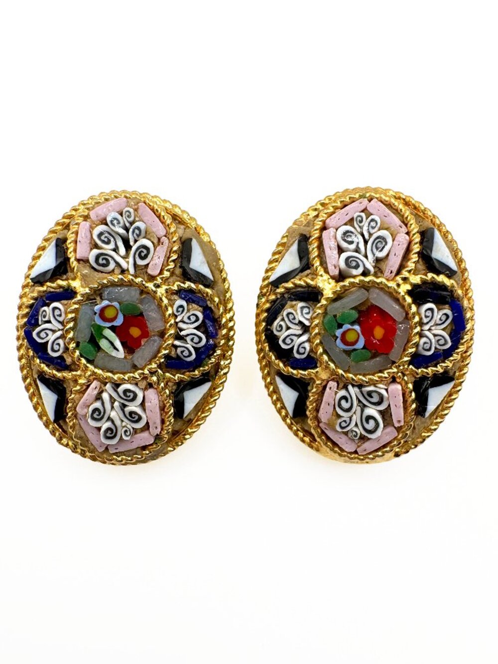 Vintage Micro Mosaic Floral Millefiori Clip On Earrings